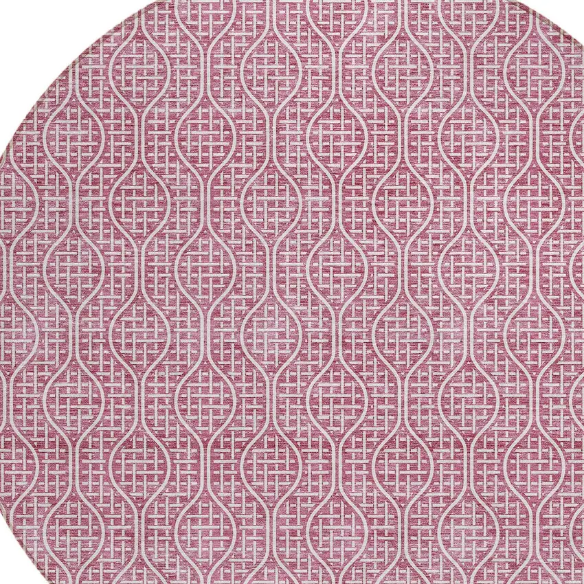 8' Blush And Ivory Round Geometric Washable Indoor Outdoor Area Rug Photo 5