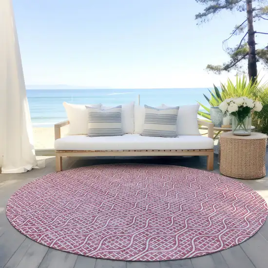 8' Blush And Ivory Round Geometric Washable Indoor Outdoor Area Rug Photo 7