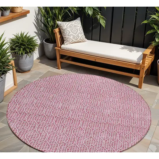 8' Blush And Ivory Round Geometric Washable Indoor Outdoor Area Rug Photo 1