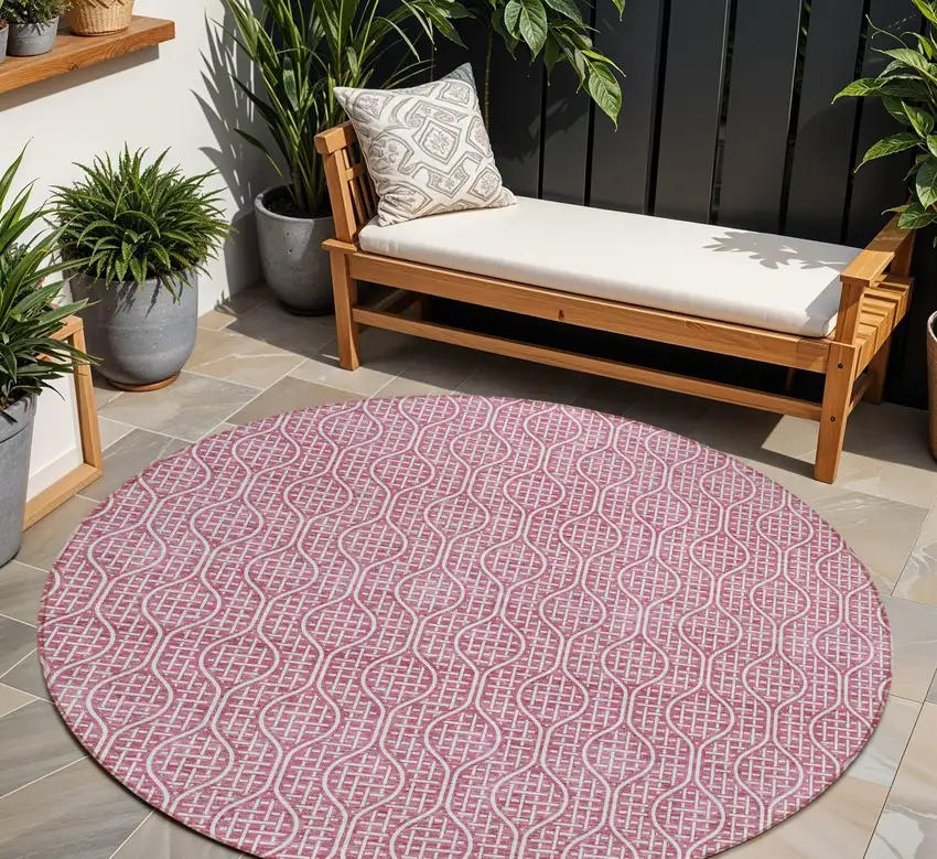 8' Blush And Ivory Round Geometric Washable Indoor Outdoor Area Rug Photo 1