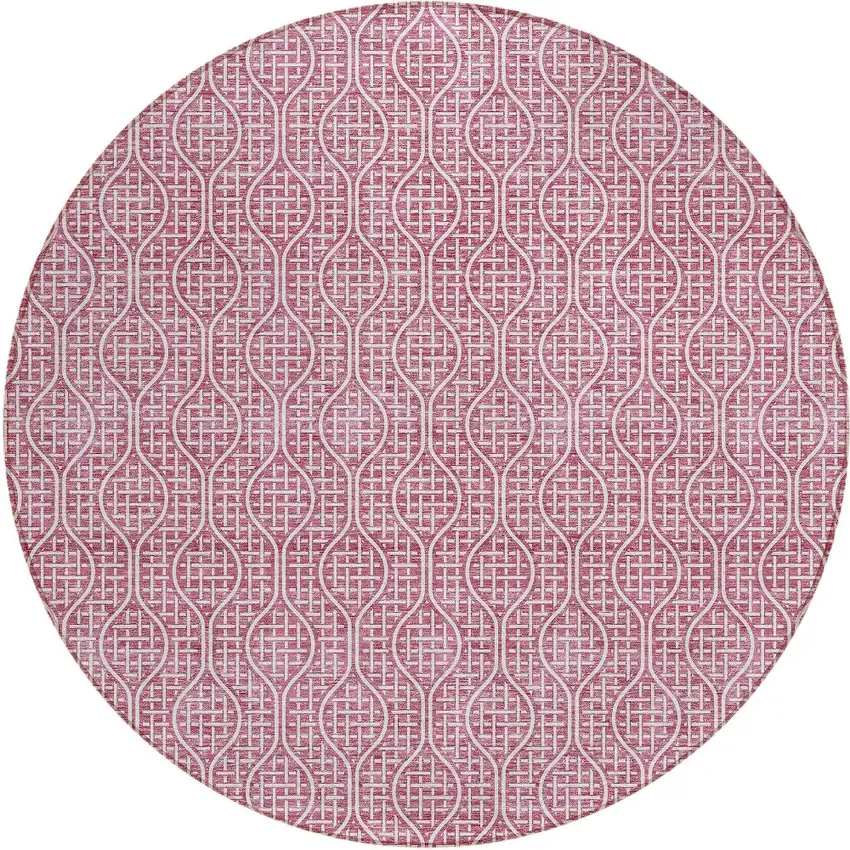 8' Blush And Ivory Round Geometric Washable Indoor Outdoor Area Rug Photo 6