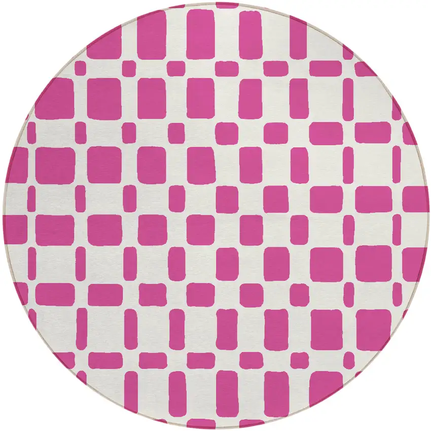 8' Blush And Ivory Round Geometric Washable Indoor Outdoor Area Rug Photo 2