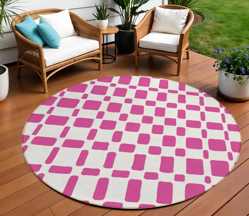 8' Blush And Ivory Round Geometric Washable Indoor Outdoor Area Rug Photo 1
