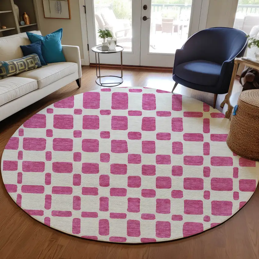 8' Blush And Ivory Round Geometric Washable Indoor Outdoor Area Rug Photo 8