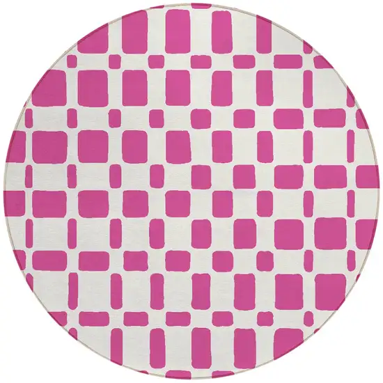 8' Blush And Ivory Round Geometric Washable Indoor Outdoor Area Rug Photo 6