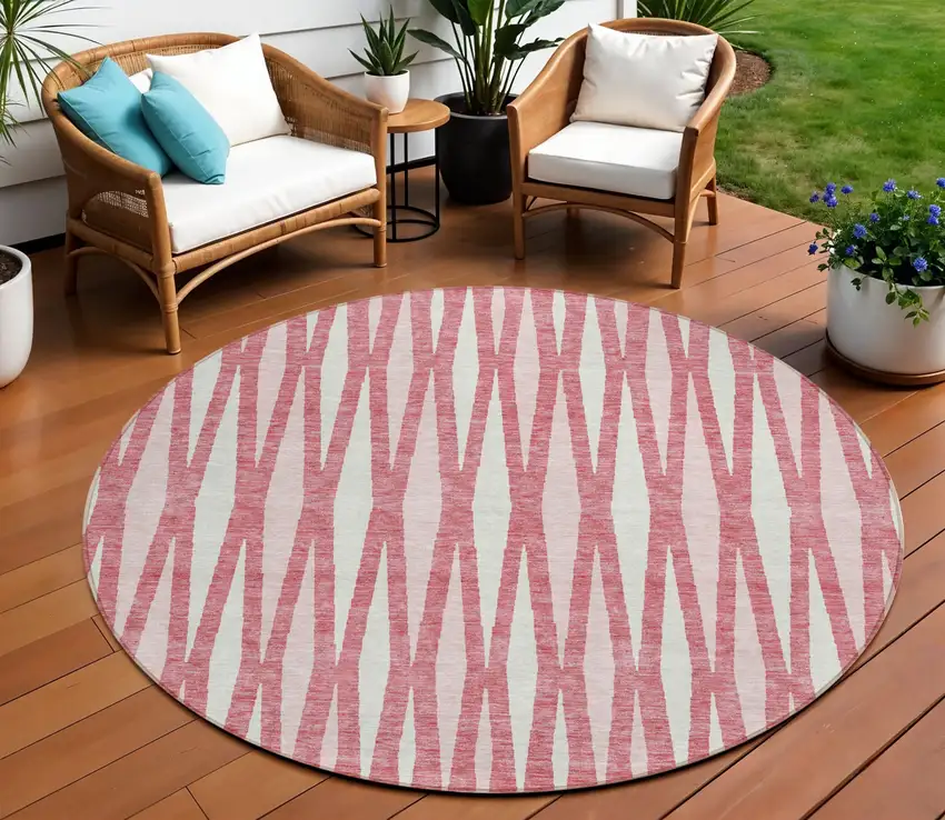 8' Blush And Ivory Round Geometric Washable Indoor Outdoor Area Rug Photo 1
