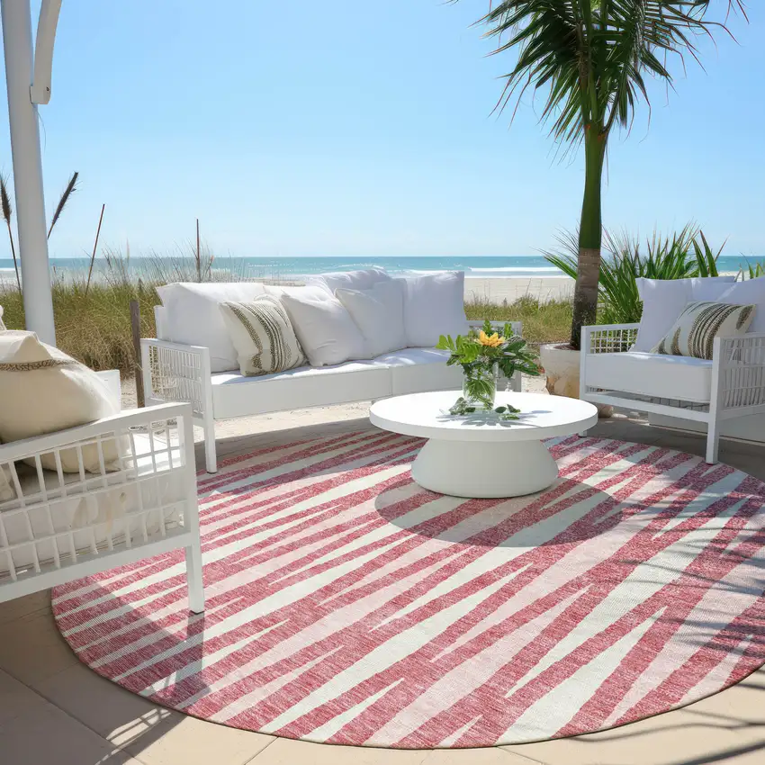 8' Blush And Ivory Round Geometric Washable Indoor Outdoor Area Rug Photo 7
