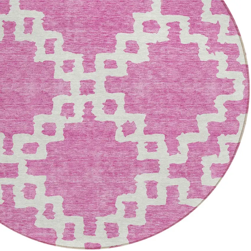 8' Blush And Ivory Round Geometric Washable Indoor Outdoor Area Rug Photo 4