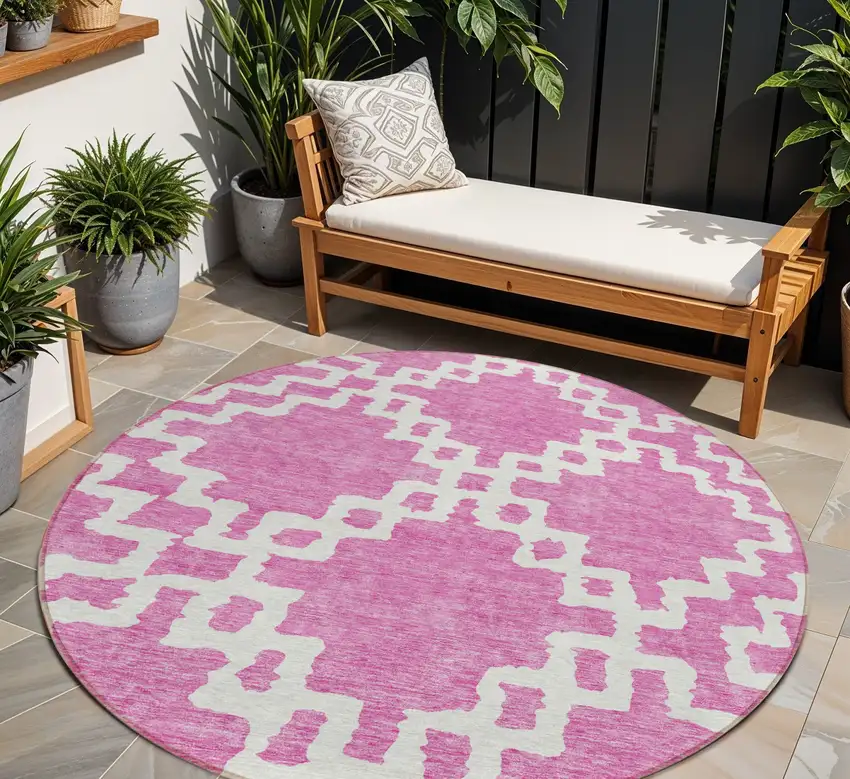 8' Blush And Ivory Round Geometric Washable Indoor Outdoor Area Rug Photo 1