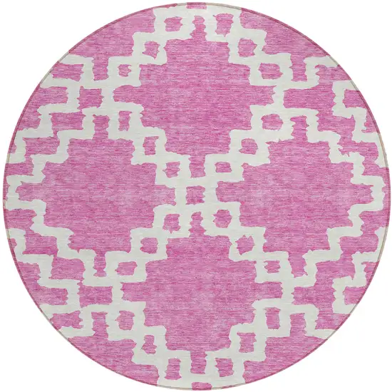 8' Blush And Ivory Round Geometric Washable Indoor Outdoor Area Rug Photo 2