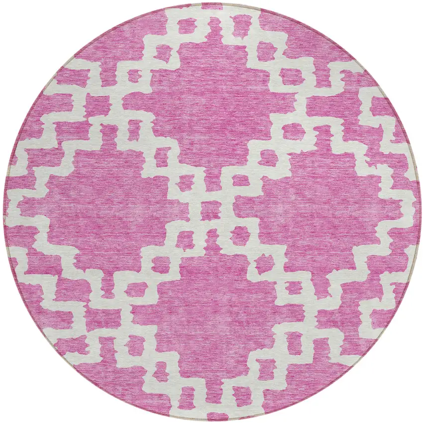 8' Blush And Ivory Round Geometric Washable Indoor Outdoor Area Rug Photo 2
