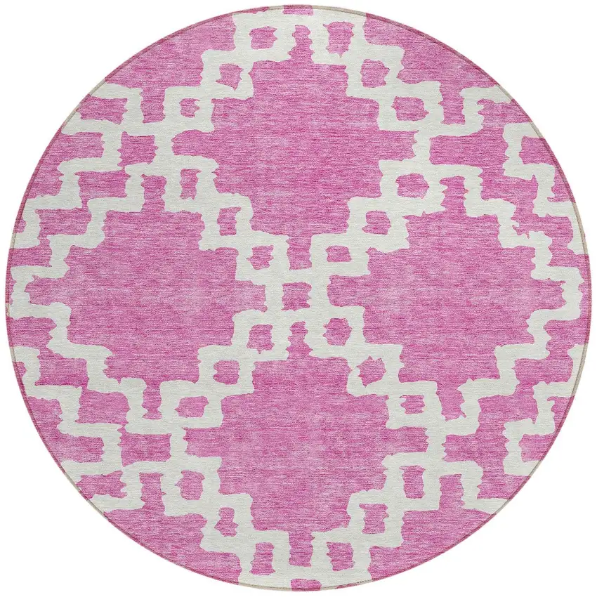 8' Blush And Ivory Round Geometric Washable Indoor Outdoor Area Rug Photo 5