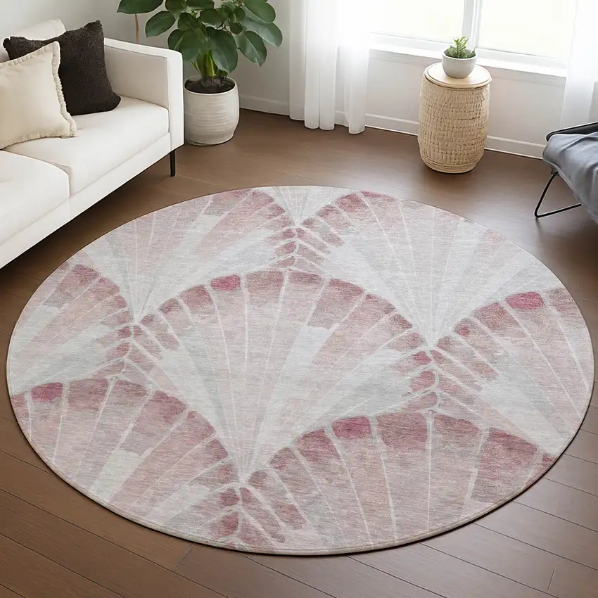 8' Blush And Ivory Round Seashell Washable Indoor Outdoor Area Rug Photo 5
