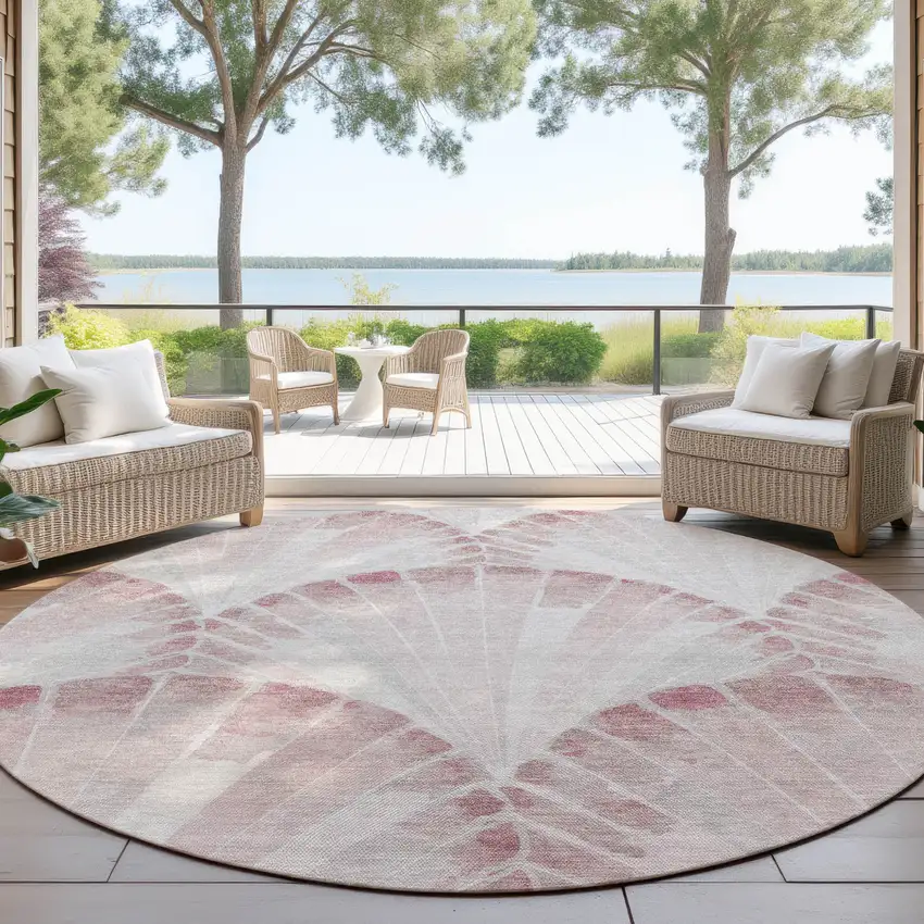 8' Blush And Ivory Round Seashell Washable Indoor Outdoor Area Rug Photo 4