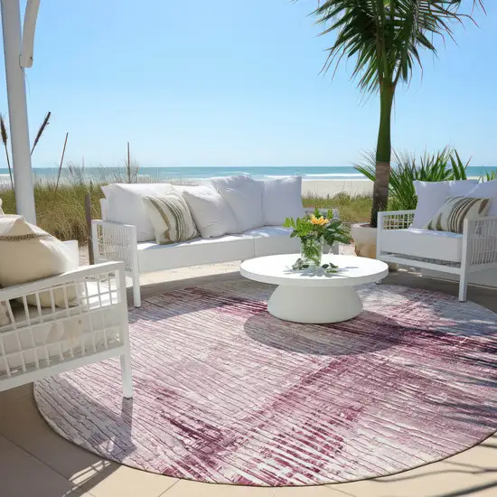 8' Blush And Ivory Round Striped Washable Indoor Outdoor Area Rug Photo 6