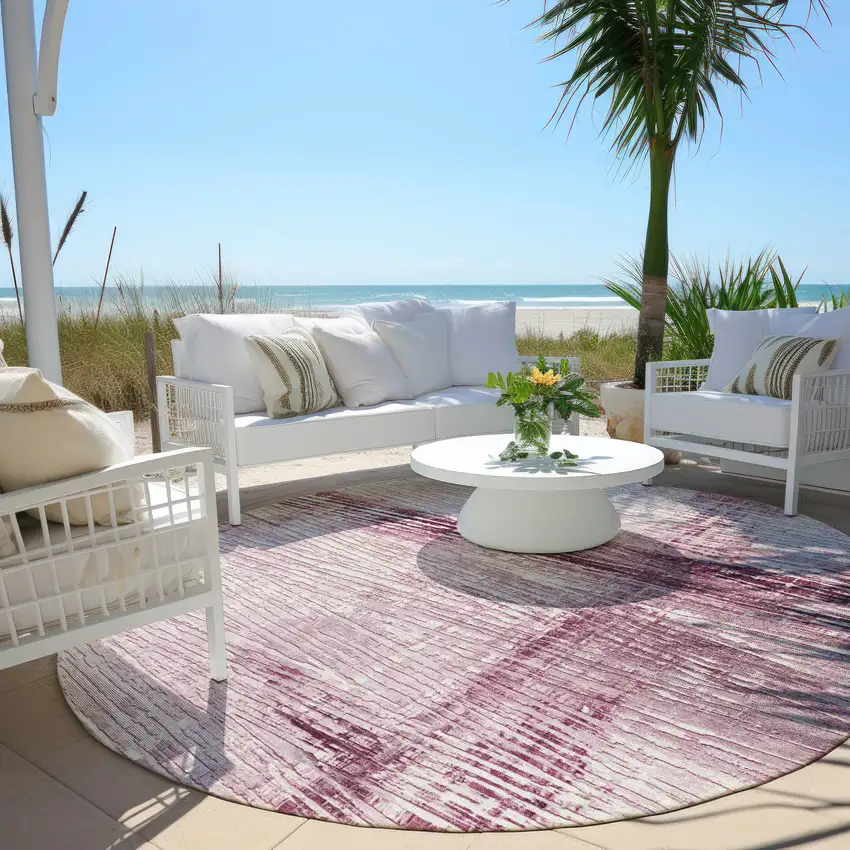 8' Blush And Ivory Round Striped Washable Indoor Outdoor Area Rug Photo 6