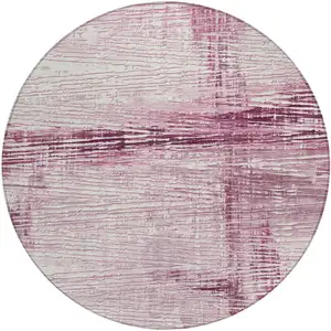 Photo of 8' Blush And Ivory Round Striped Washable Indoor Outdoor Area Rug