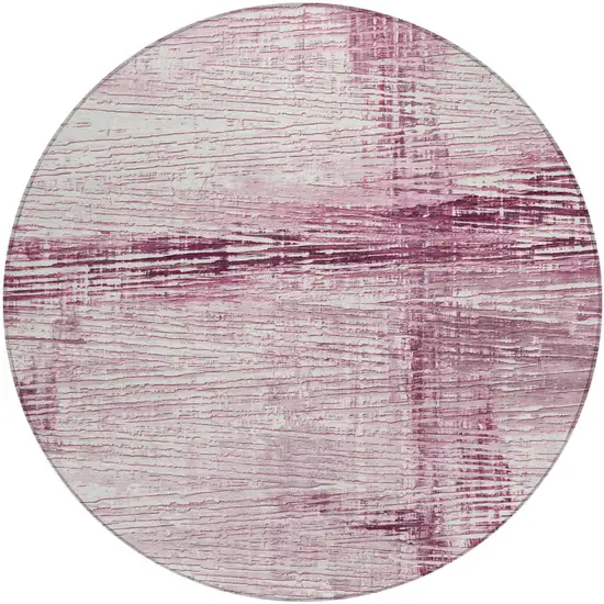 8' Blush And Ivory Round Striped Washable Indoor Outdoor Area Rug Photo 1