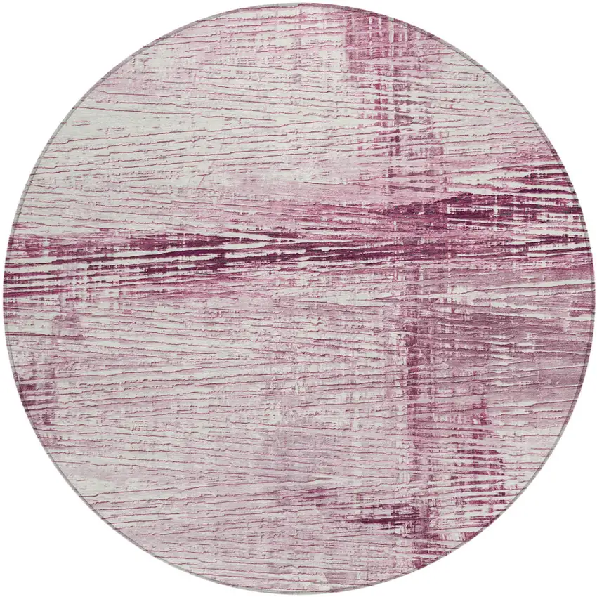 8' Blush And Ivory Round Striped Washable Indoor Outdoor Area Rug Photo 1