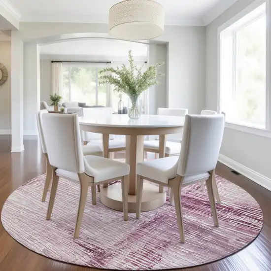 8' Blush And Ivory Round Striped Washable Indoor Outdoor Area Rug Photo 7