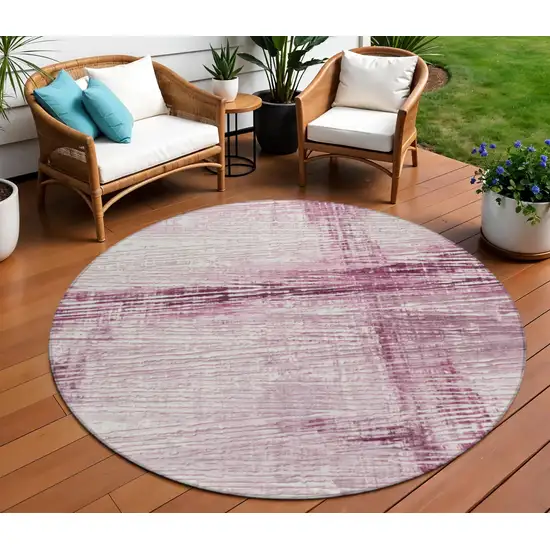 8' Blush And Ivory Round Striped Washable Indoor Outdoor Area Rug Photo 2