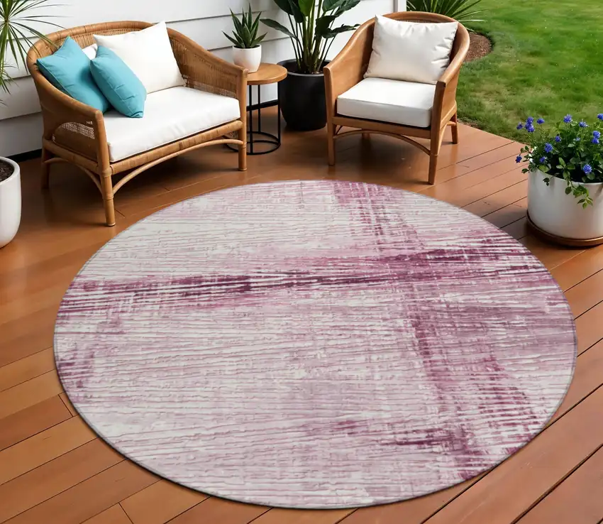 8' Blush And Ivory Round Striped Washable Indoor Outdoor Area Rug Photo 2