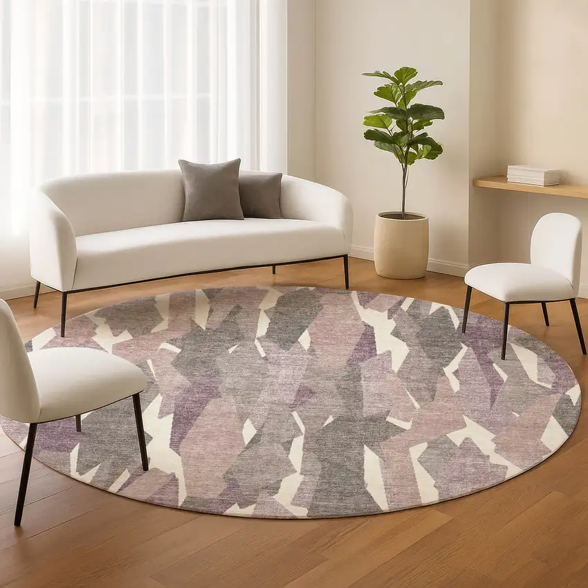 8' Blush And Ivory Round Striped Washable Indoor Outdoor Area Rug Photo 9