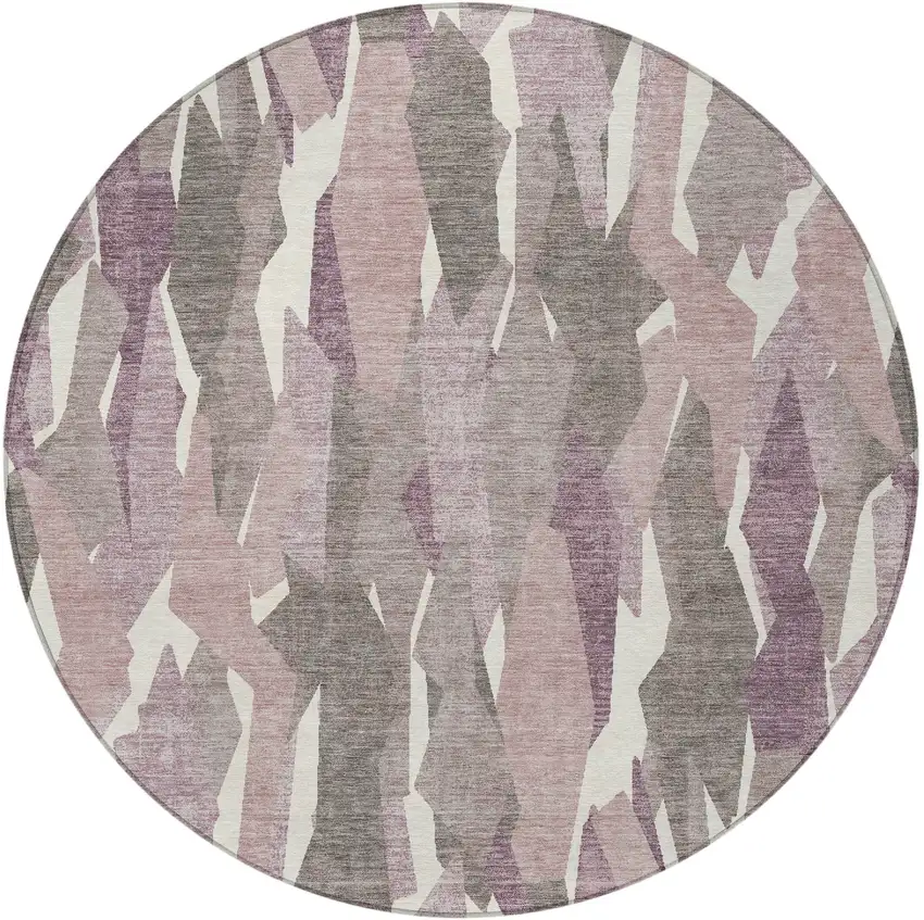 8' Blush And Ivory Round Striped Washable Indoor Outdoor Area Rug Photo 4