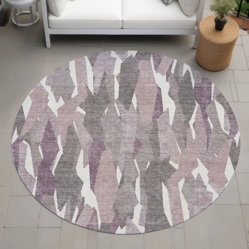 8' Blush And Ivory Round Striped Washable Indoor Outdoor Area Rug Photo 8