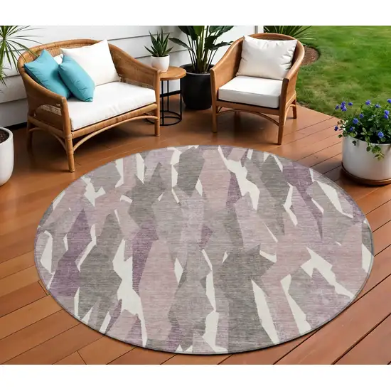 8' Blush And Ivory Round Striped Washable Indoor Outdoor Area Rug Photo 1