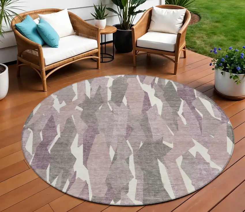 8' Blush And Ivory Round Striped Washable Indoor Outdoor Area Rug Photo 1