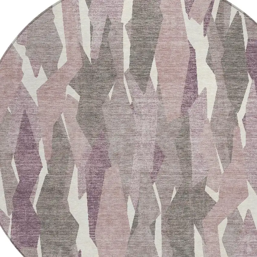 8' Blush And Ivory Round Striped Washable Indoor Outdoor Area Rug Photo 7