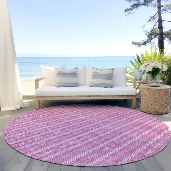 8' Blush And Ivory Round Striped Washable Indoor Outdoor Area Rug Photo 6