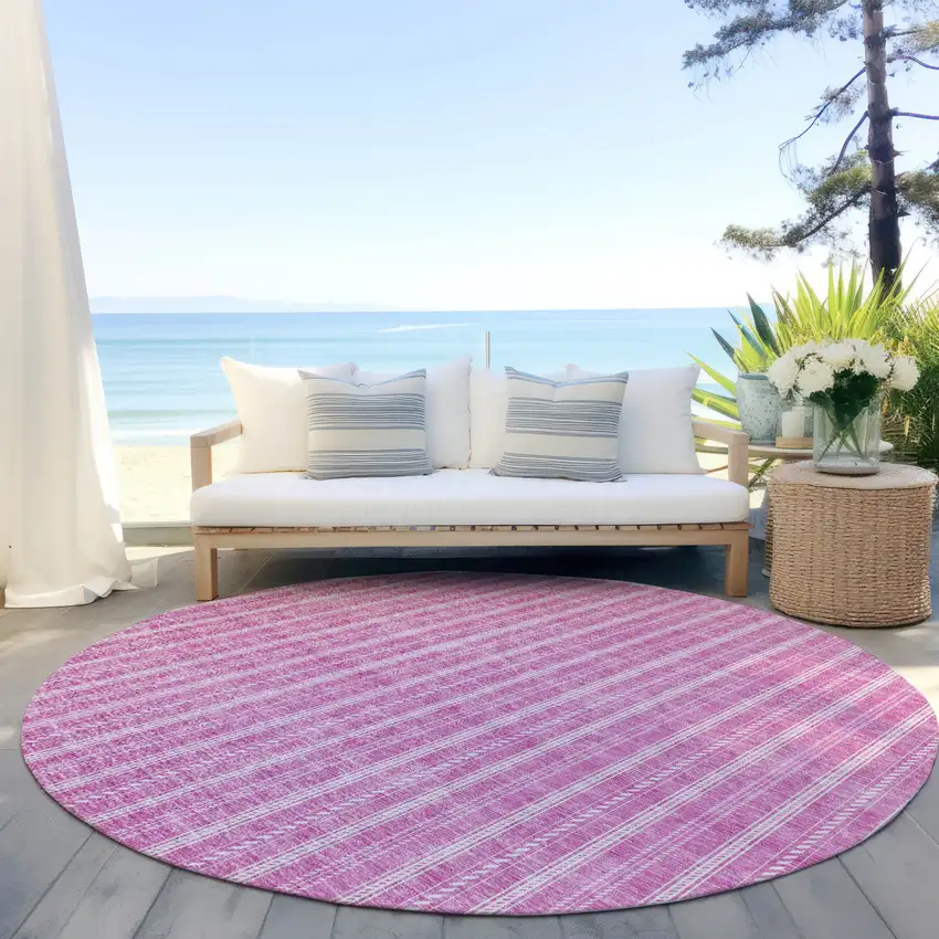 8' Blush And Ivory Round Striped Washable Indoor Outdoor Area Rug Photo 6