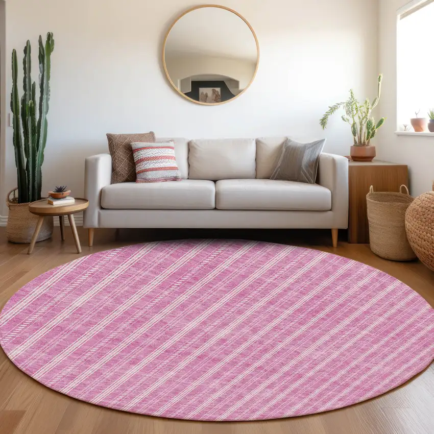 8' Blush And Ivory Round Striped Washable Indoor Outdoor Area Rug Photo 7