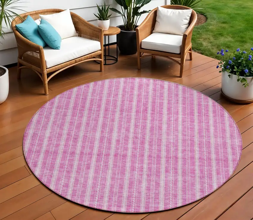 8' Blush And Ivory Round Striped Washable Indoor Outdoor Area Rug Photo 1