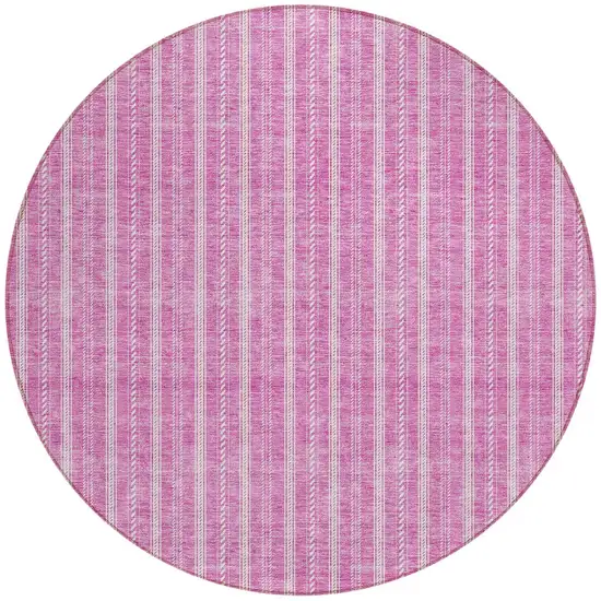 8' Blush And Ivory Round Striped Washable Indoor Outdoor Area Rug Photo 5