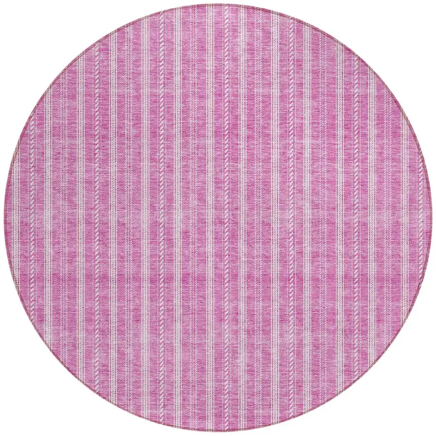 8' Blush And Ivory Round Striped Washable Indoor Outdoor Area Rug Photo 5