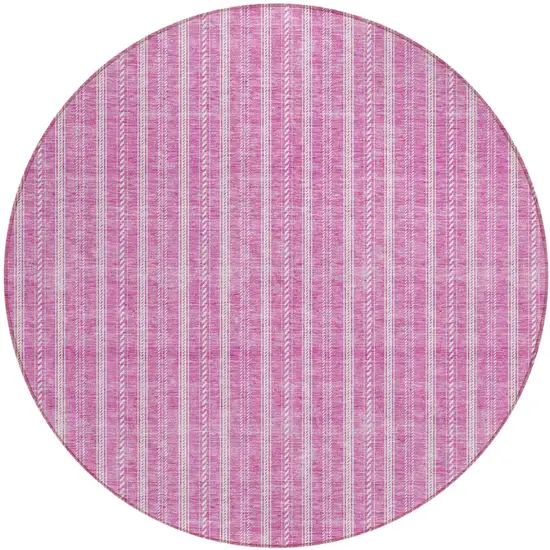 8' Blush And Ivory Round Striped Washable Indoor Outdoor Area Rug Photo 2