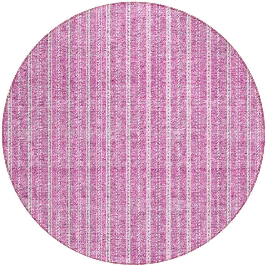 8' Blush And Ivory Round Striped Washable Indoor Outdoor Area Rug Photo 2