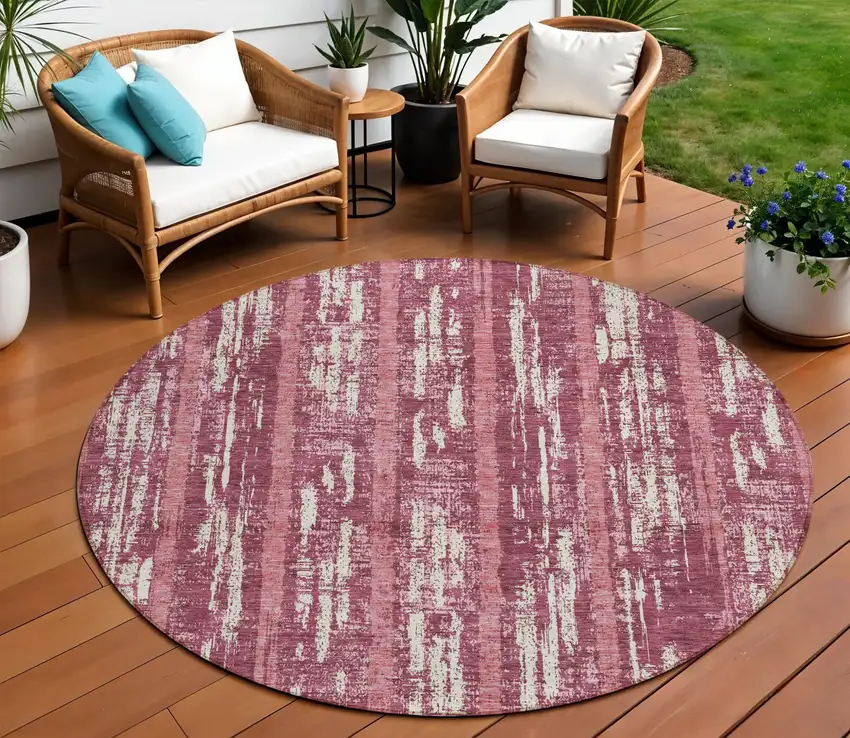 8' Blush And Ivory Round Striped Washable Indoor Outdoor Area Rug Photo 1