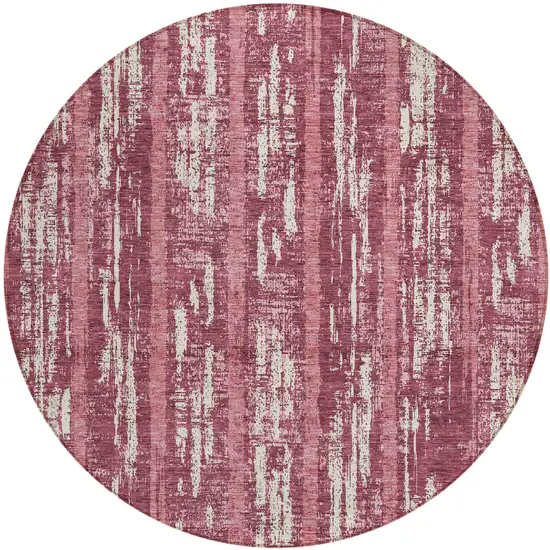 8' Blush And Ivory Round Striped Washable Indoor Outdoor Area Rug Photo 2