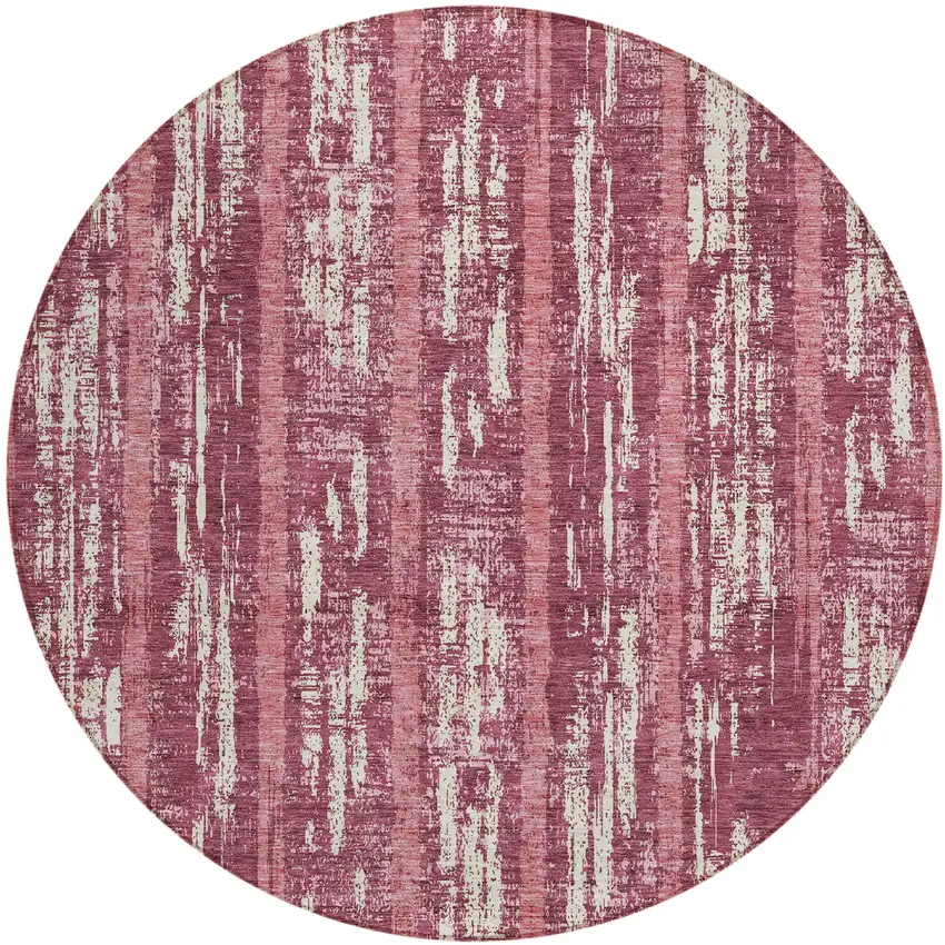 8' Blush And Ivory Round Striped Washable Indoor Outdoor Area Rug Photo 2