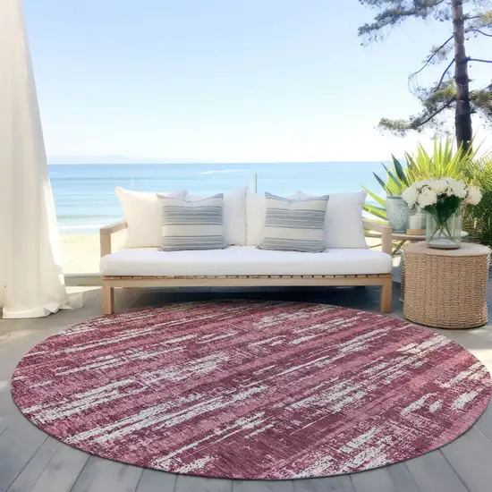 8' Blush And Ivory Round Striped Washable Indoor Outdoor Area Rug Photo 6