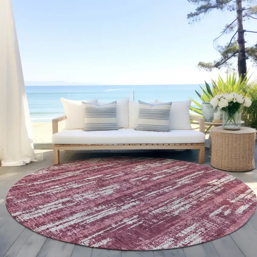 8' Blush And Ivory Round Striped Washable Indoor Outdoor Area Rug Photo 6