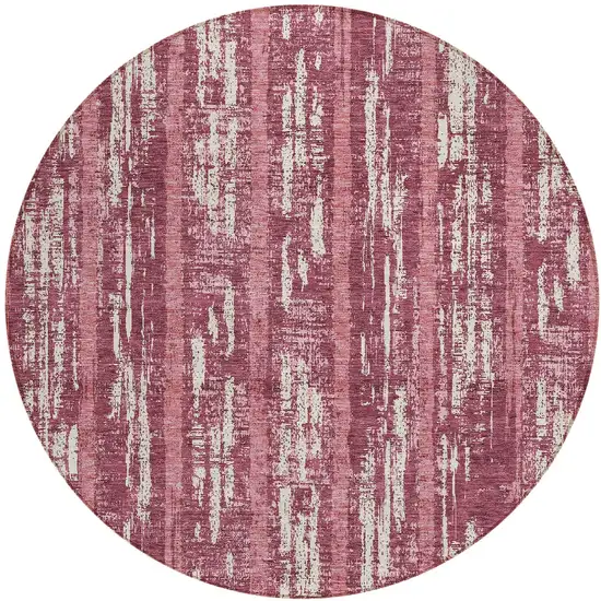 8' Blush And Ivory Round Striped Washable Indoor Outdoor Area Rug Photo 5