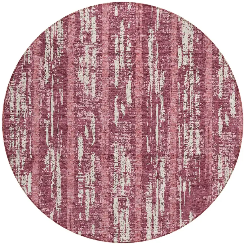 8' Blush And Ivory Round Striped Washable Indoor Outdoor Area Rug Photo 5