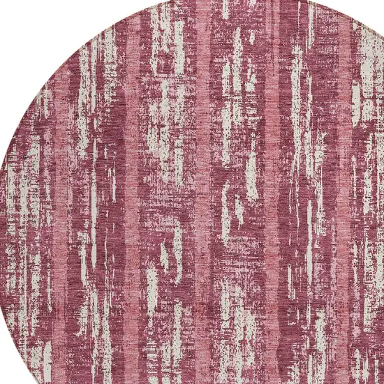 8' Blush And Ivory Round Striped Washable Indoor Outdoor Area Rug Photo 4