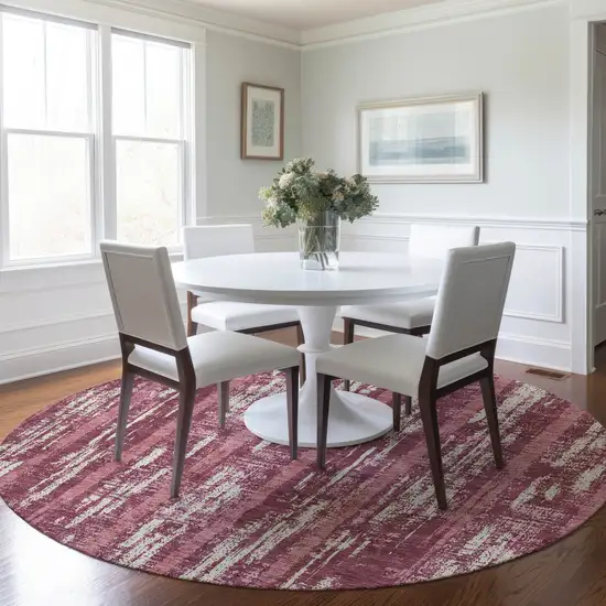 8' Blush And Ivory Round Striped Washable Indoor Outdoor Area Rug Photo 7