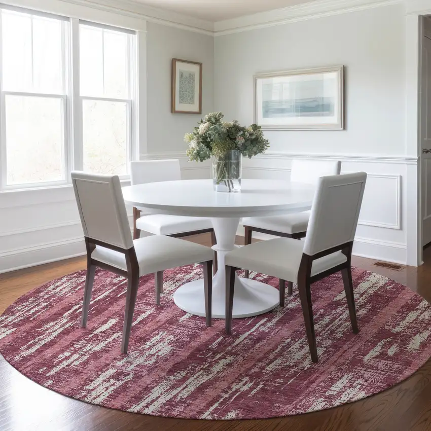 8' Blush And Ivory Round Striped Washable Indoor Outdoor Area Rug Photo 7